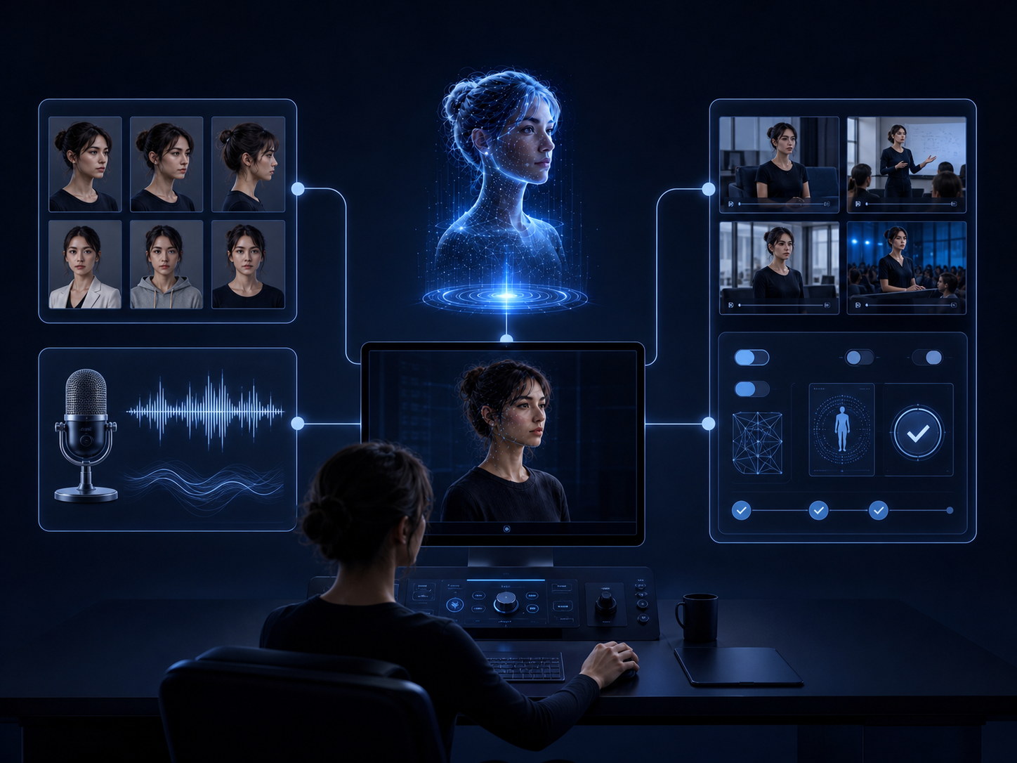 Ilustrasi proses pembuatan dan penggunaan avatar digital AI